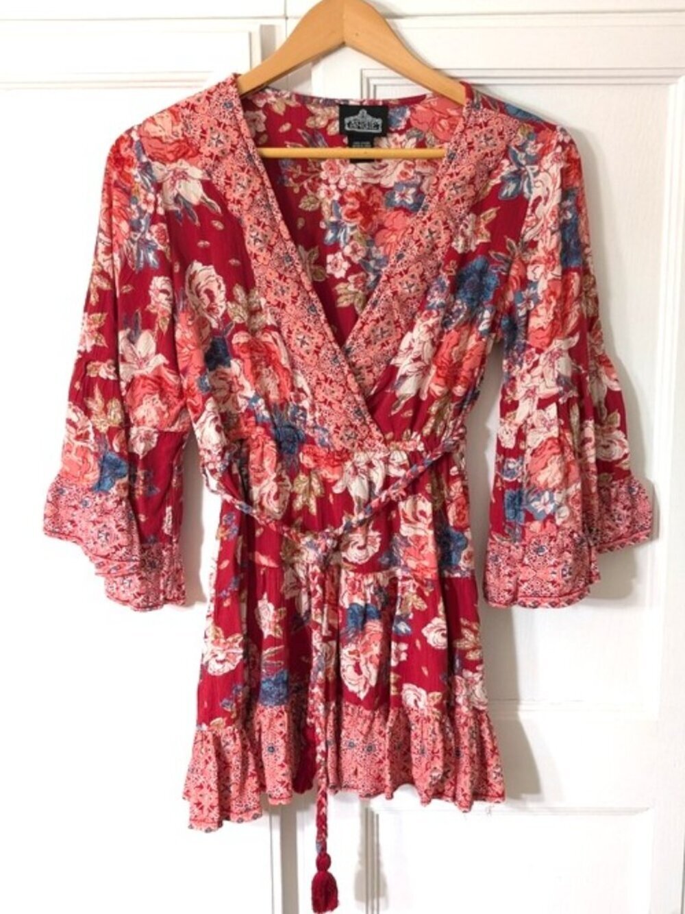 Angie Boho Red Floral Rayon Dress Bell Sleeve Ruffle Hem Size M